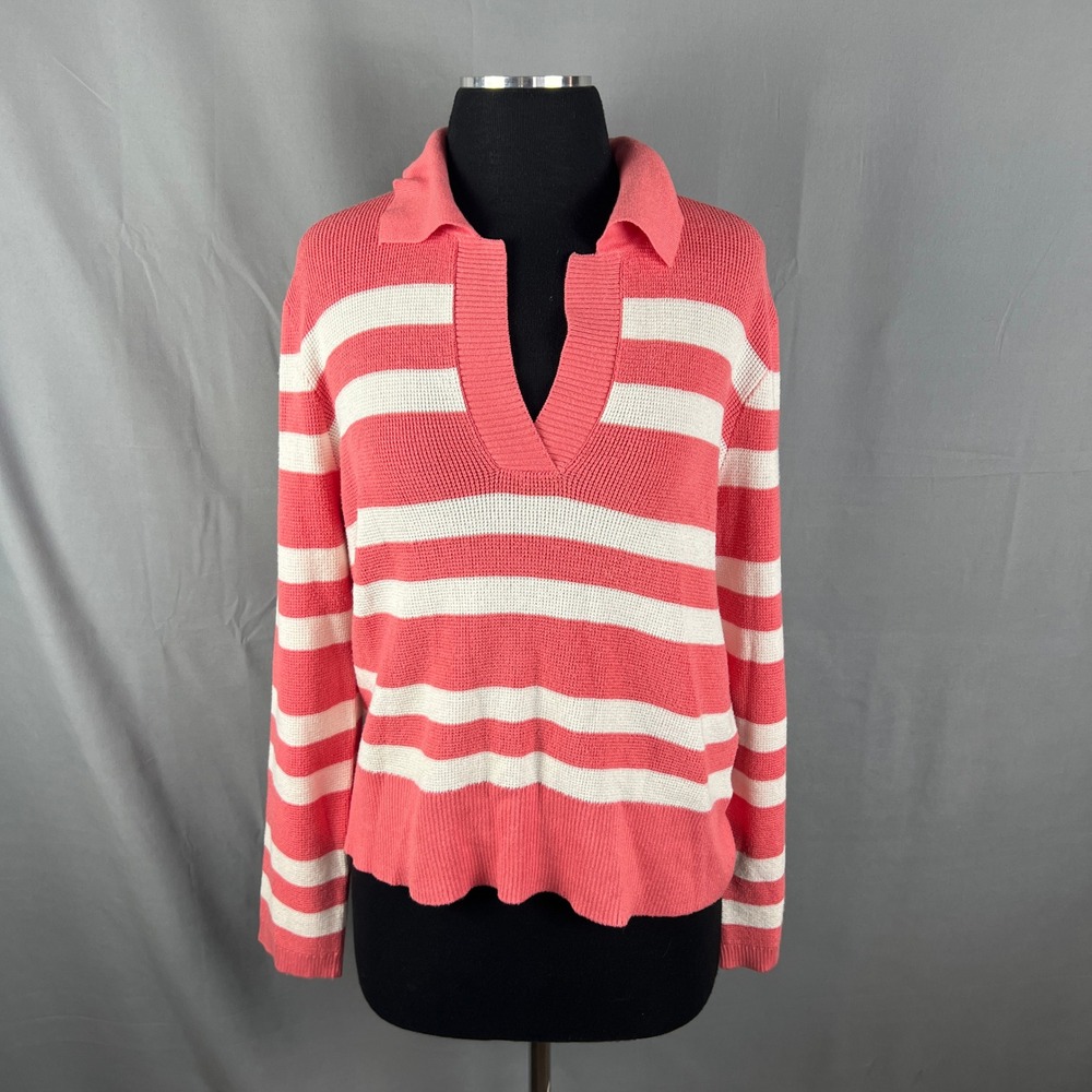 Cyrus Polo Sweater Womens Large Pink White Striped Ribbed Tight Knit Resort Wear